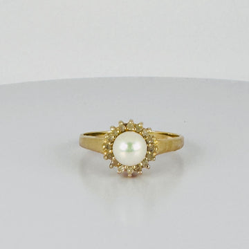 Vintage 14k Gouden Ring met Parel en Diamantjes