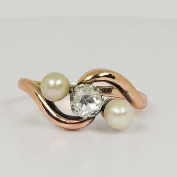 Antieke 18k Gouden Crossover Ring met Diamant & Parels