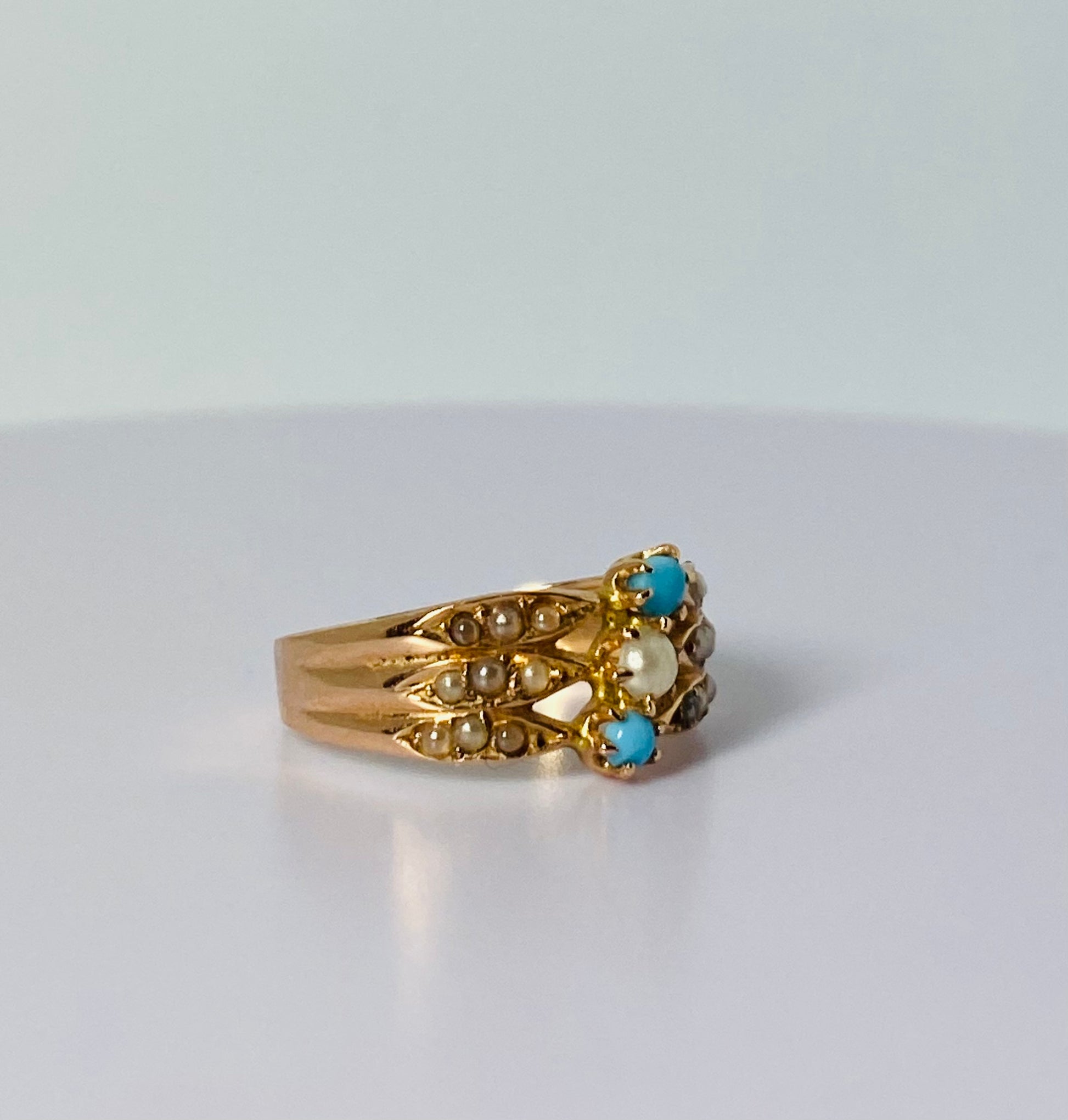 Antique ring with turquoise & seed pearls right side