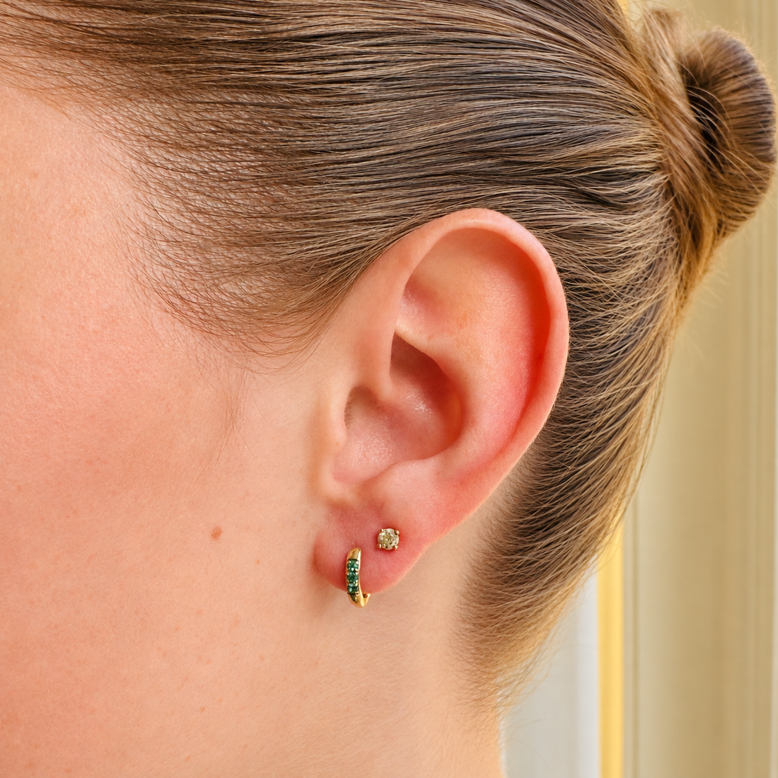 14k Yellow Gold Emerald Huggie Hoop Earrings