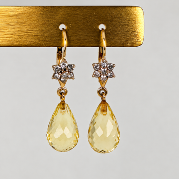 14k Yellow Gold Lemon Quartz Briolette Drop Earrings & Diamonds