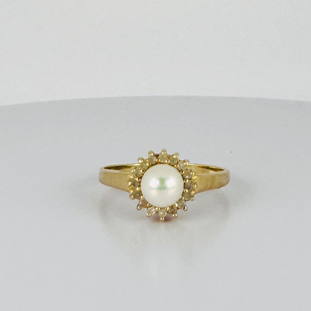 Vintage 14k Gouden Ring met Parel en Diamantjes