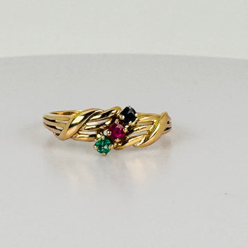 Vintage Ring 18k met robijn, smaragd & blauwe saffier
