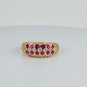 Vintage Band Ring met Robijnen & Diamanten