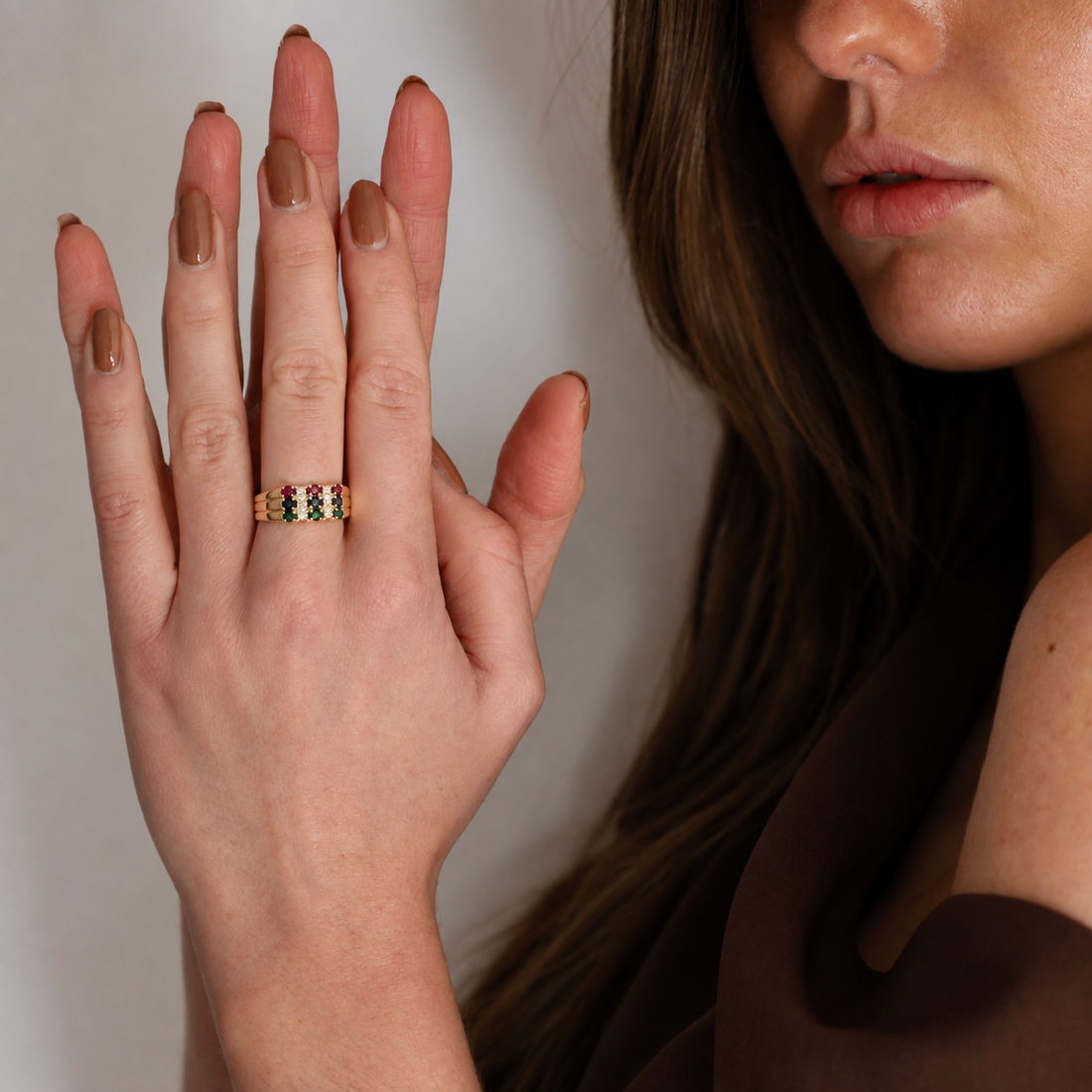 Vintage 14 Karaat Geelgouden Ring met Robijnen, Saffieren &amp; Smaragden
