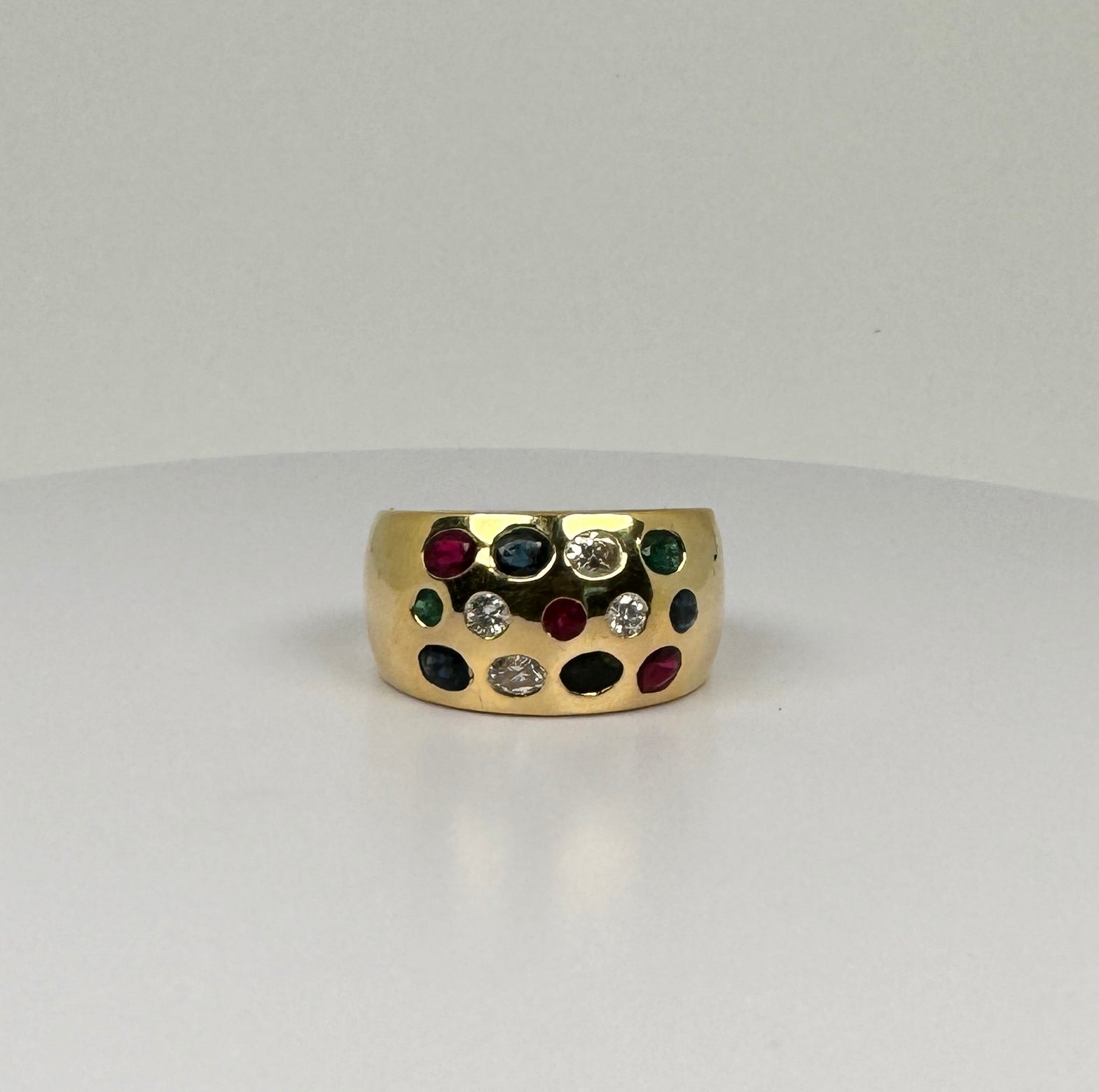 Cocktail Ring with diamonds, sapphire, emerald & ruby