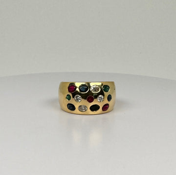 Cocktail Ring with diamonds, sapphire, emerald & ruby