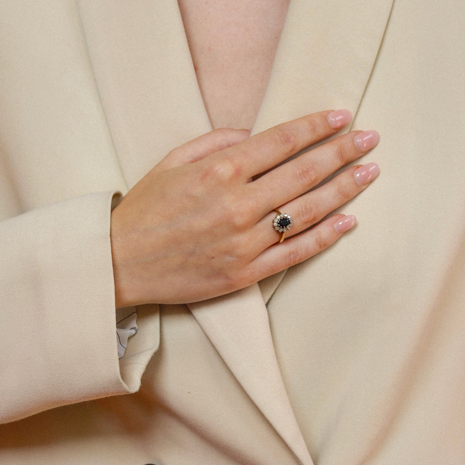 Ring with blue stone on finger on hand